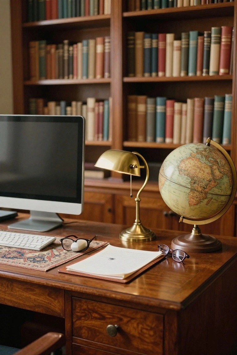 Wooden desk with modern monitor, keyboard, glasses, notebook, brass lamp, and globe on a patterned mat, in a study room with tall wooden bookshelves.