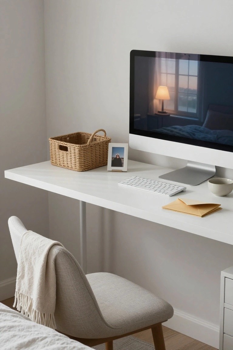 White floating desk holding a large iMac monitor, white wireless keyboard, small ceramic mug, yellow envelope, woven basket with photo frame, positioned in bedroom corner beside gray upholstered chair with white throw on cream bed.