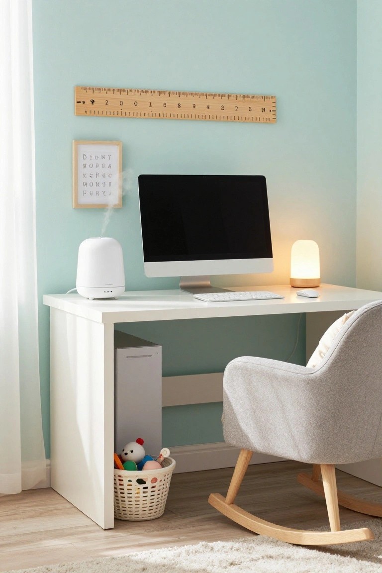 White desk with blank iMac monitor, keyboard, mouse, white humidifier, and wood-based lamp in a light blue room, with gray rocking chair, toy basket, and wall ruler.