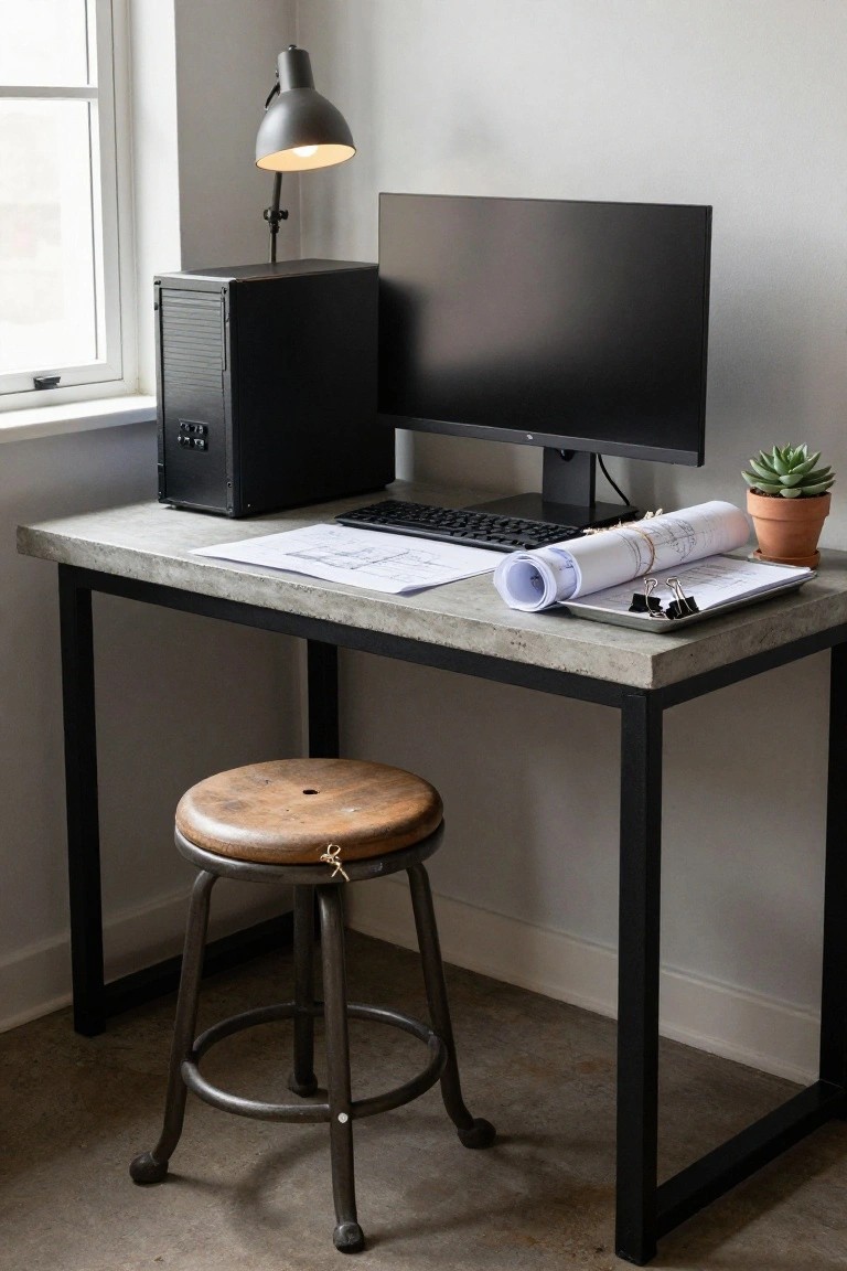 A gray concrete-top desk on black metal legs with a black PC tower, monitor, keyboard, rolled white blueprints, binder clips, small potted succulent, and wooden stool with metal base next to a window in a light room.