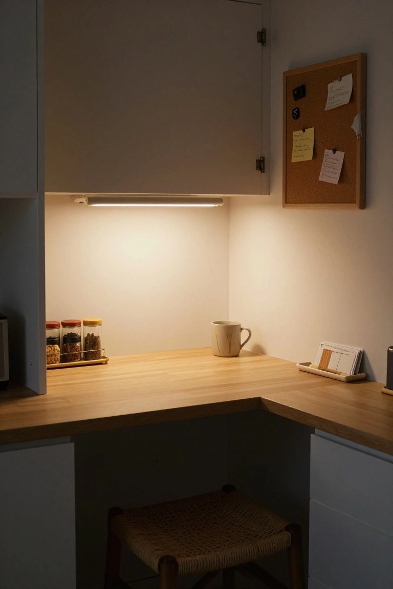 Corner wooden countertop desk in a white kitchen cabinet nook lit by an under-cabinet LED strip, with spice jars on a tray, a ceramic mug, corkboard on the wall, and woven stool below.