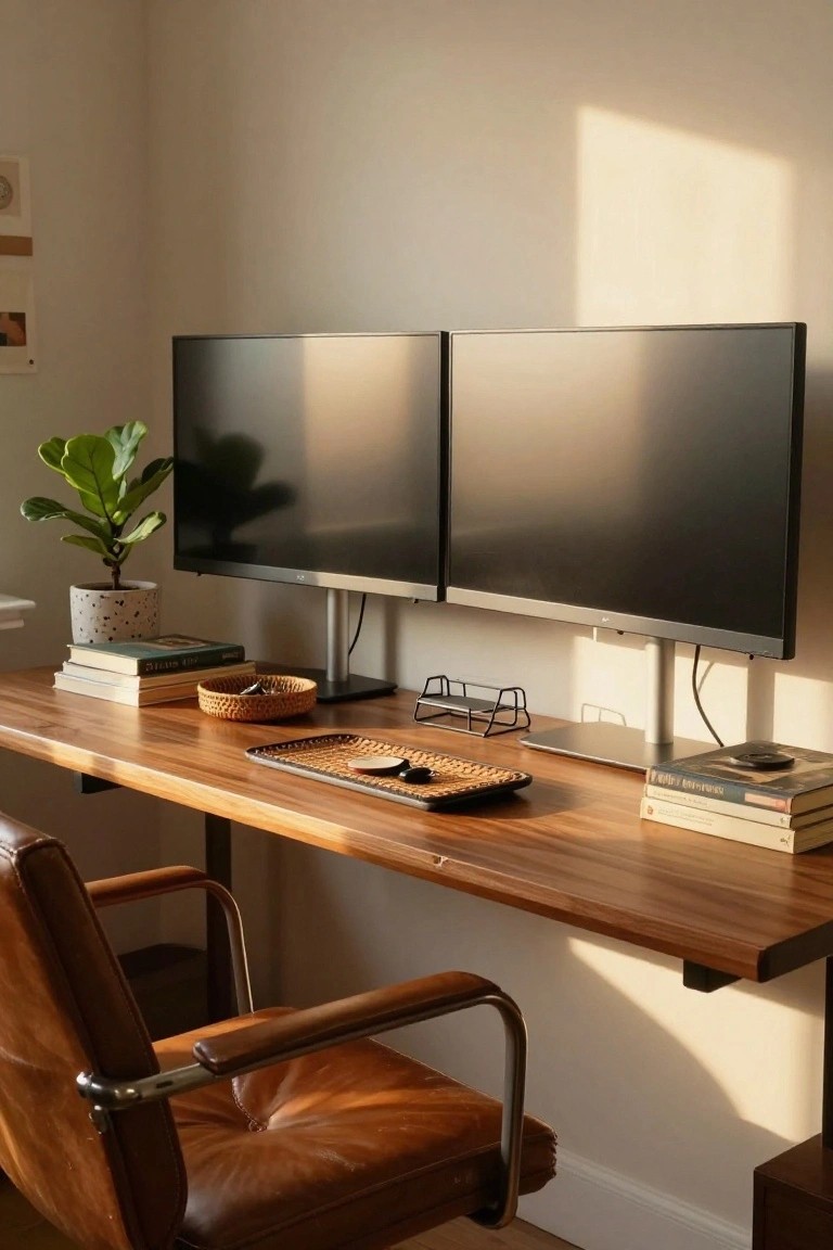 Wooden desk with black metal legs holding two side-by-side black monitors on stands, a potted fiddle leaf fig plant, woven trays, books, and a tan leather armchair in a beige room with sunlight streaming in.