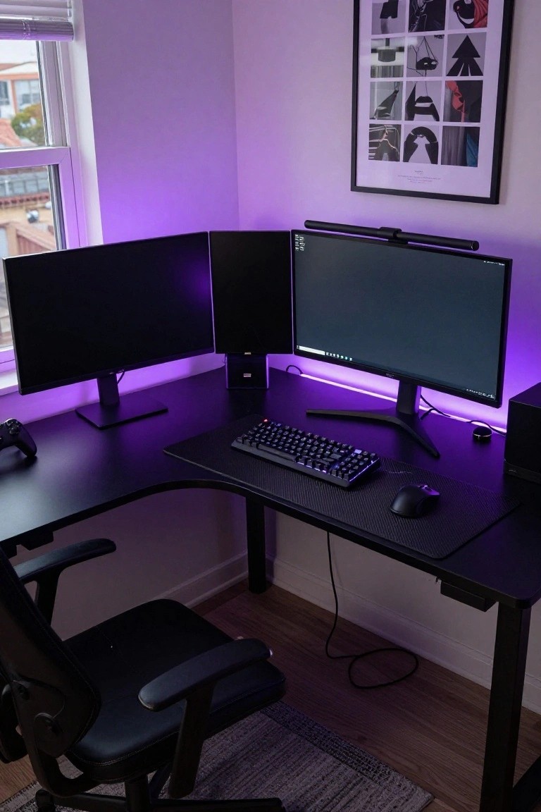 Corner black L-shaped desk holding dual black monitors, RGB keyboard, mouse, controller, and speakers with purple LED lighting strips around the monitors and desk edges in a purple-hued room with window blinds and artwork on the wall.