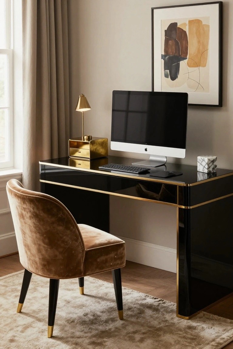 A high-gloss black desk with gold trim holds a white iMac monitor, keyboard, gold lamp, and white candle holder, with a tan tufted velvet chair in front, in a beige room with curtains and abstract wall art.