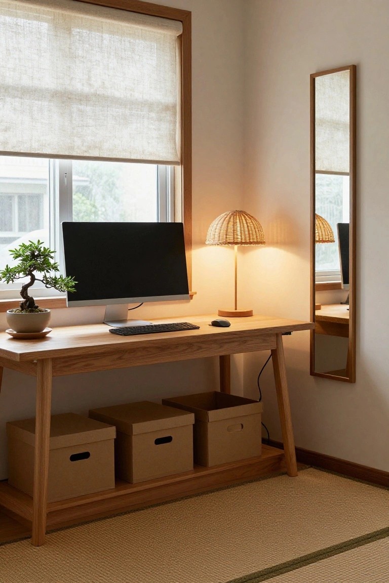 Wooden trestle desk holding a computer monitor, keyboard, mouse, and rattan lamp, with bonsai plant on windowsill, storage boxes underneath, mirror on wall, in a light room with sheer curtains and tatami floor.