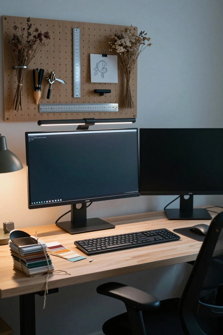 Wooden desk with dual black monitors, mechanical keyboard, mouse, black office chair, desk lamp, and pegboard wall above displaying tools, ruler, dried flowers, and drawings.