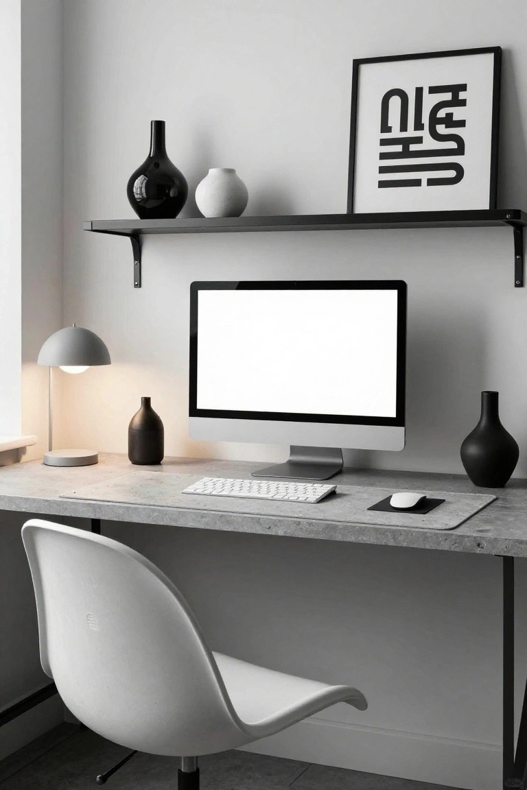 Minimalist home office desk with light gray polished concrete surface, white Apple iMac monitor, white keyboard and mouse, black and white ceramic vases, gray lamp, and white molded chair against white wall.
