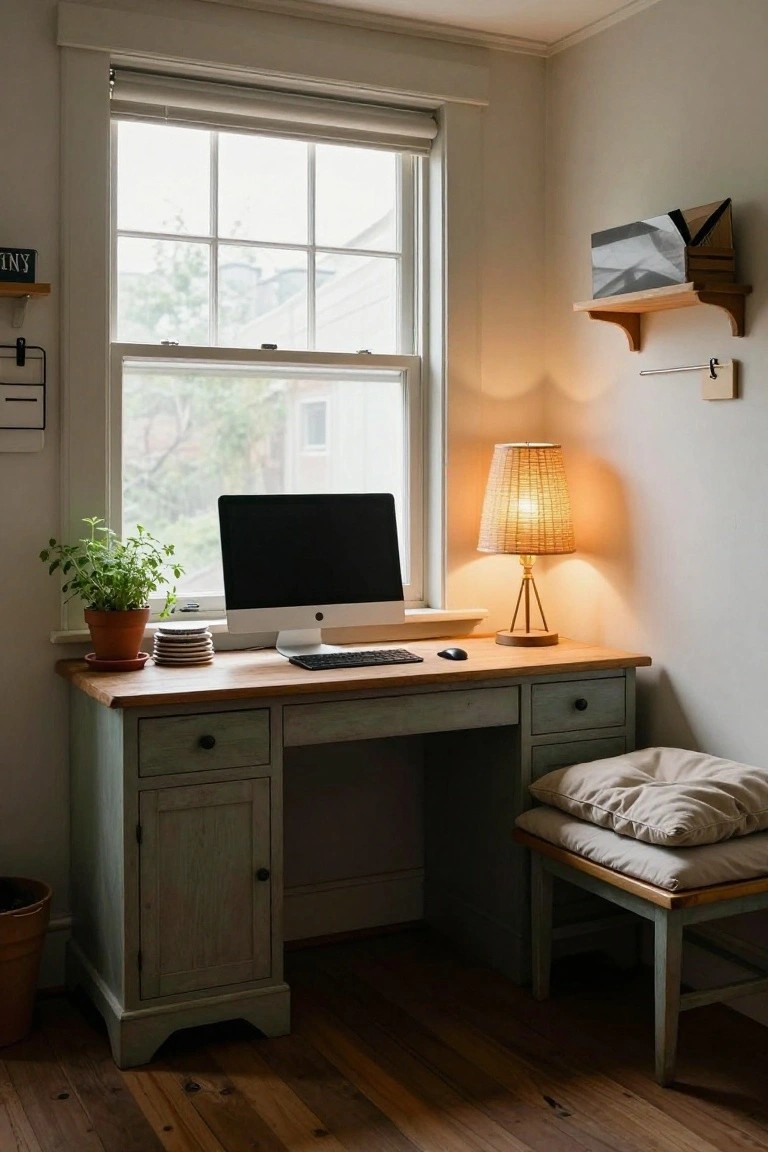 Corner desk setup with light blue-green painted wooden frame, oak top, black iMac monitor, keyboard, mouse, potted herb plant, stacked saucers, rattan lamp, cushioned stool, large window, and plants in a bright room with hardwood floors.