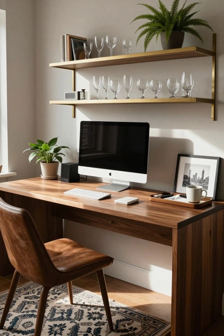 A home office with a large walnut desk holding an iMac monitor, white keyboard, speakers, tray, mug, and papers, plus a brown leather chair, brass floating shelves with glassware and books, potted plants, and a black-and-white cityscape photo.