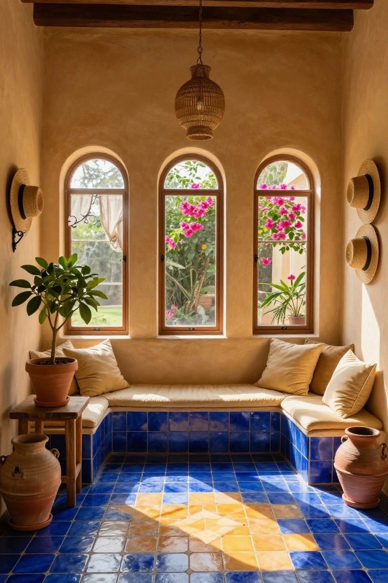 Cozy corner with blue tiled floor, plush cushions, plants, and arched windows.