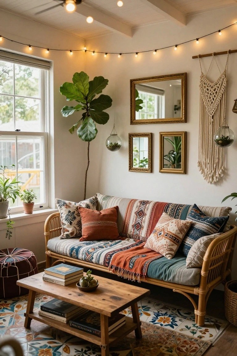 Sunlit indoor corner with rattan daybed covered in colorful patterned pillows and orange blanket, large potted fiddle leaf fig plant, macrame wall hanging, gold-framed mirrors, wooden coffee table with books and small plant bowl, pouf stool, and patterned rug.