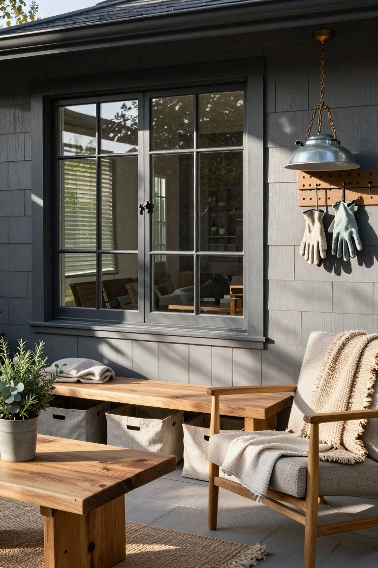 Gray shingled exterior wall of a garden shed with large multi-pane windows, wooden benches with storage baskets underneath, a low wooden table, potted rosemary plant, off-white armchair with throws, hanging garden gloves, and a metal pendant light on a patio deck.