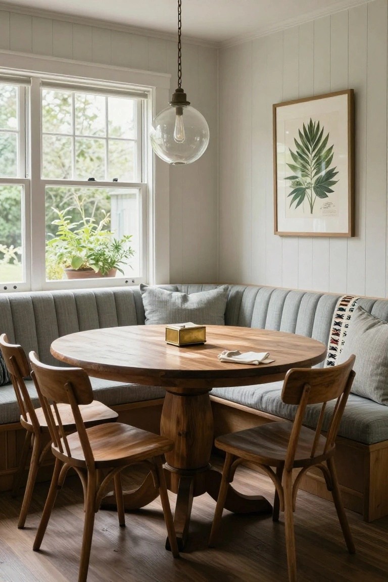 Gray tufted banquette seating in a corner with round wooden table, four wooden chairs, pendant light, and large windows overlooking greenery in a light wood-paneled room.