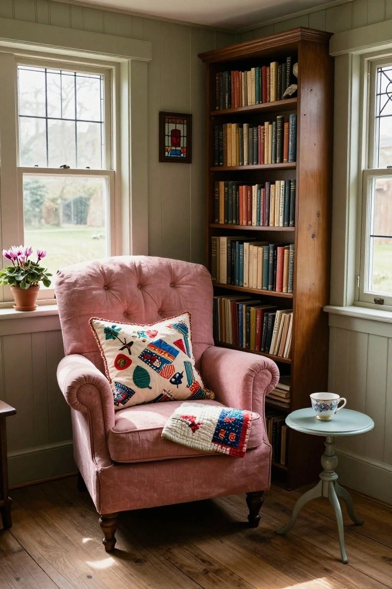 Pink tufted armchair in room corner next to tall wooden bookshelves filled with books, large windows with views of fields and trees, potted cyclamen plant on windowsill, small side table holding teacup and quilts on wooden floor