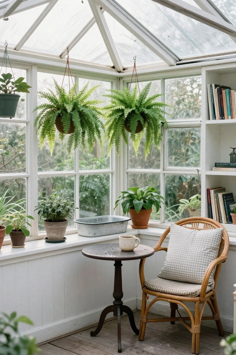 Sunroom corner featuring hanging ferns, potted plants on windowsills and shelves, a rattan armchair with cushions, small wooden pedestal table with teacup, and white walls with large windows overlooking greenery.