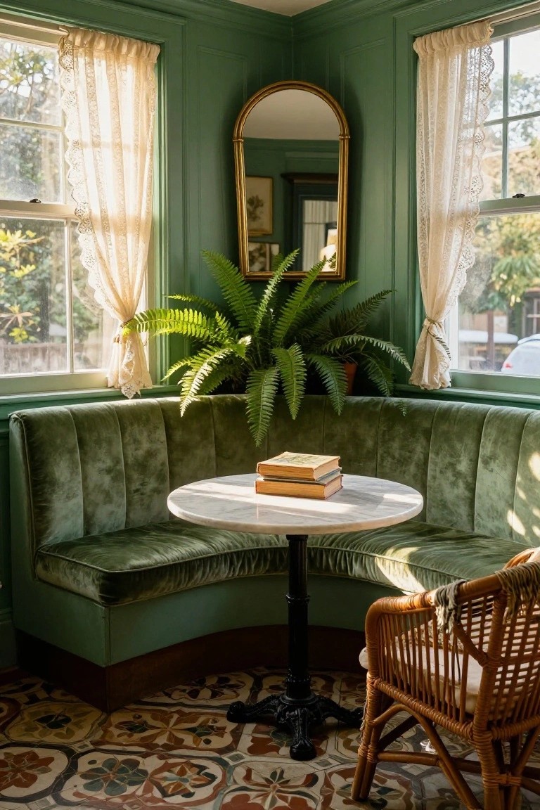 Corner room with sage green paneled walls, curved emerald green velvet banquette, round white marble-topped table on black pedestal base, gold arched mirror above a fern plant, lace curtains on windows, rattan chair, and colorful patterned tile floor.