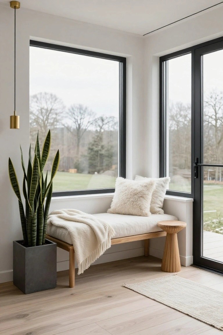 Corner of a modern sunroom with black-framed corner windows overlooking a wooded landscape, wooden bench seat with white throw blanket and fluffy pillows, tall variegated snake plant in black square pot, wooden stool, light oak flooring, and white walls.