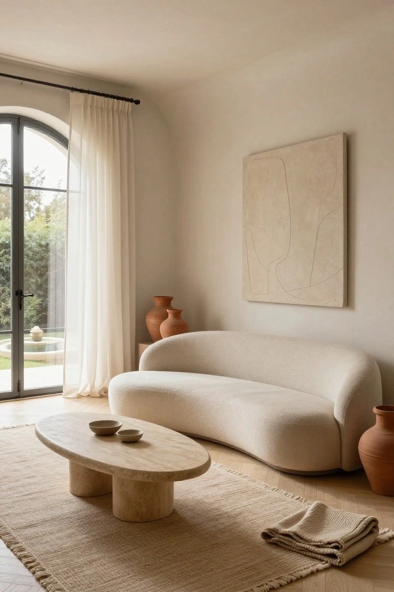 Light neutral sunroom interior featuring a large curved cream bouclé sofa, oval travertine coffee table on beige rug, abstract line drawing on wall, terracotta vases, and arched doors with sheer curtains overlooking garden and fountain.