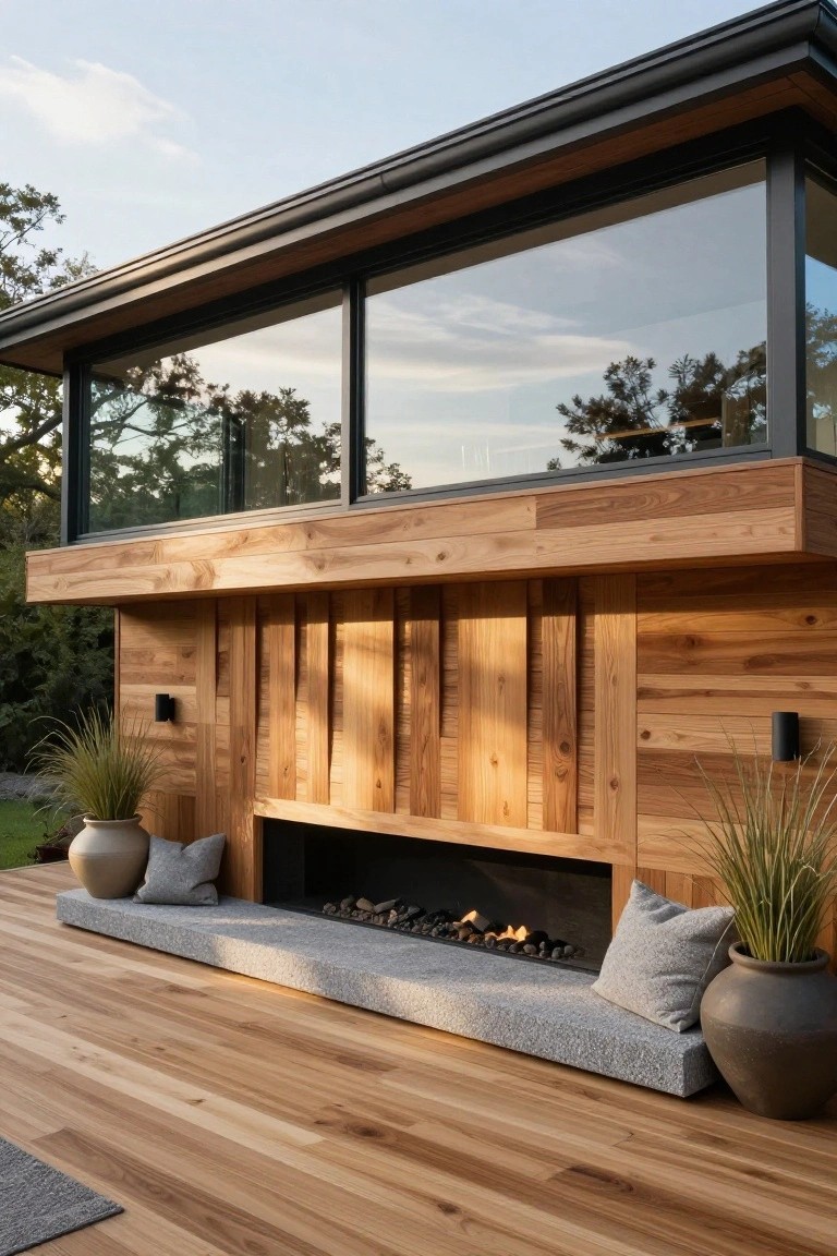 Wooden deck with built-in linear gas fireplace in vertical cedar paneling, gray cushions and pillows on stone hearth, potted grasses on either side, under overhanging wooden structure with large glass windows and trees in background.