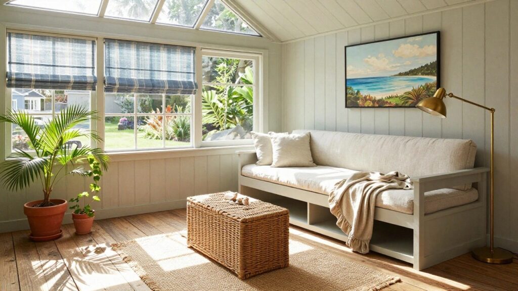 23 Stunning Sunroom Designs You’ll Want To Try This Year Light-filled sunroom with pale blue walls, skylights, large windows showing greenery outside, cushioned bench seat with pillows and throw, rattan table, potted plants, striped curtains, and brass floor lamp.