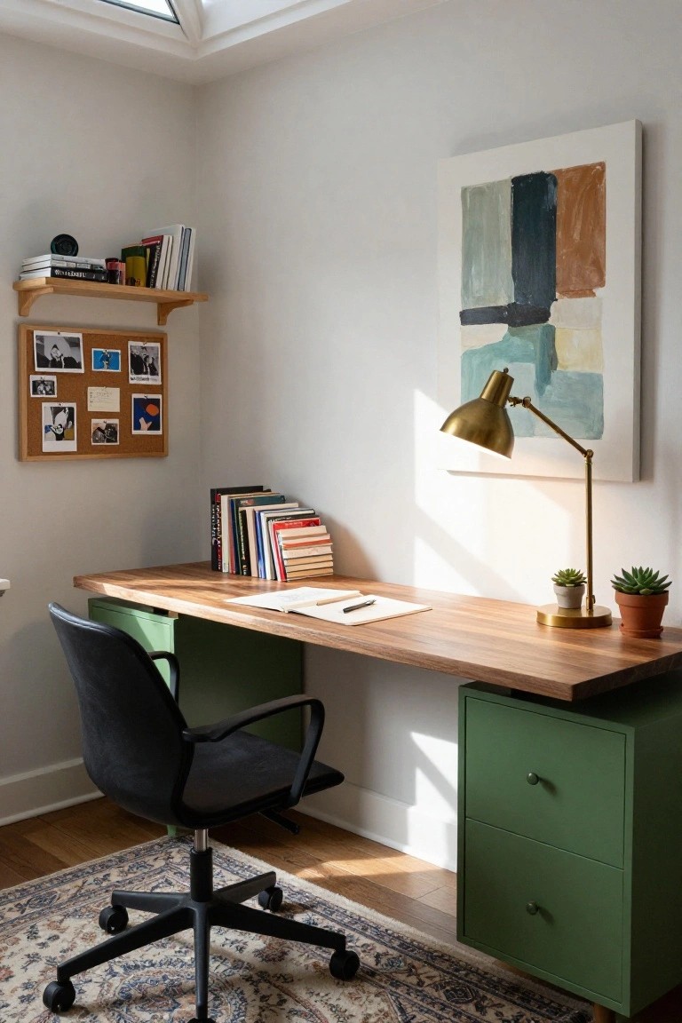 Bright indoor home office corner with wooden desk top on green metal drawer cabinets, black swivel chair, books on shelves, corkboard with photos, abstract painting on wall, desk lamp, and small plants.