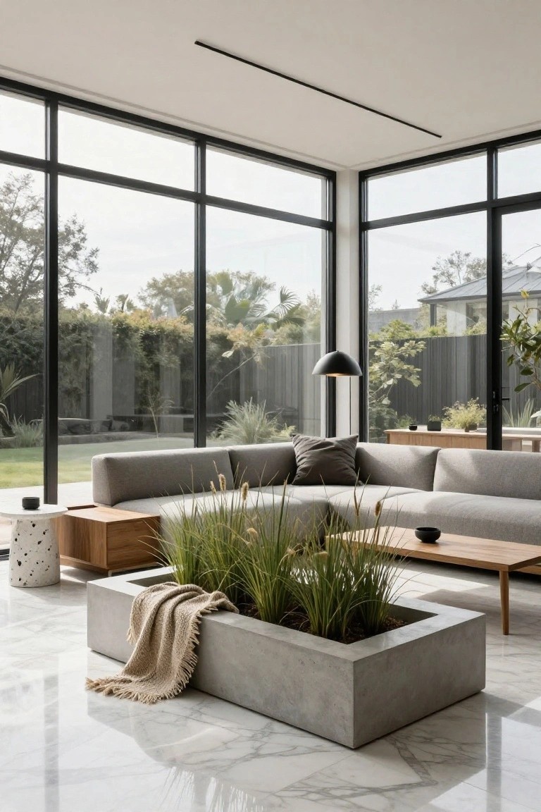 Modern sunroom interior with gray L-shaped sofa, wooden tables, speckled pedestal table, black floor lamp, large rectangular concrete planter containing tall grasses and a throw blanket on white marble floor, surrounded by floor-to-ceiling black-framed windows overlooking garden and trees.