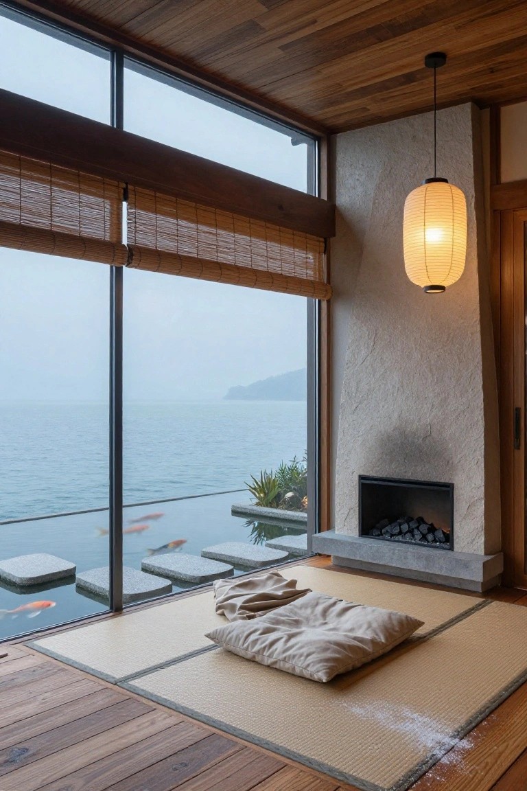 Modern interior sunroom with wooden ceiling and floors, tatami mats and beige futon cushions on the floor, adjacent shallow koi pond with gray stepping stones and orange fish, stone fireplace, paper lantern light, bamboo blinds on large windows overlooking misty sea and distant mountains.