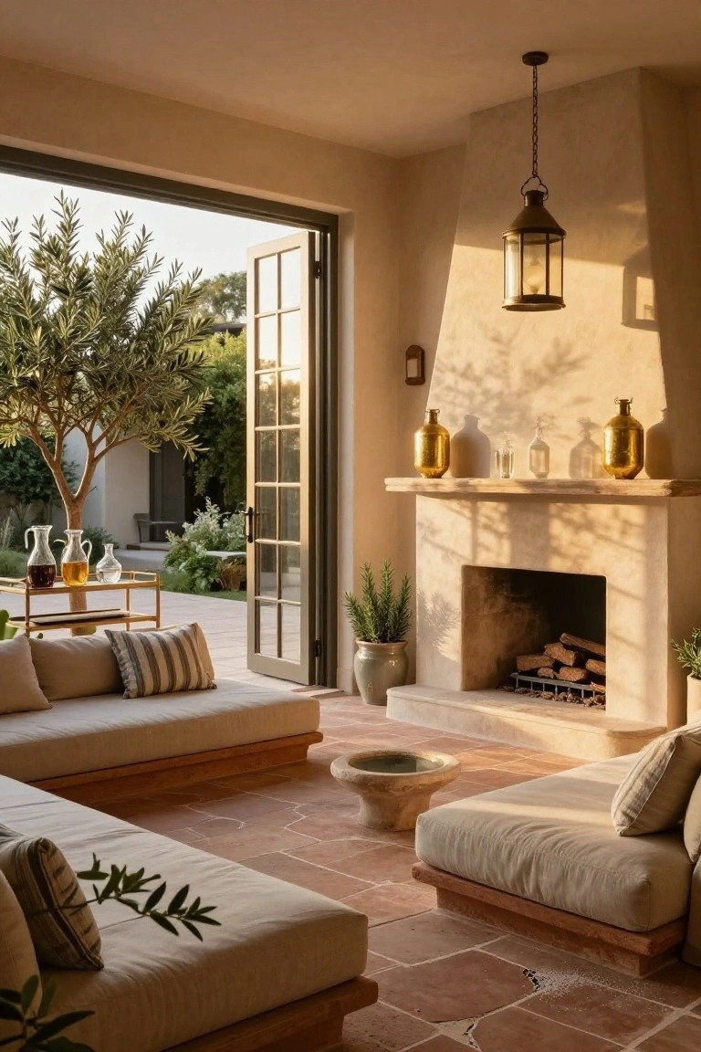 Beige low-profile platform sofas on terracotta tile floors in a light-colored room with a beige stone fireplace, gold vessels on the mantel, large open folding glass doors to a garden with olive tree, and a hanging lantern.