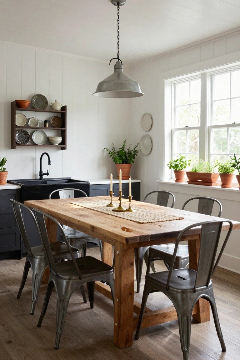 White shiplap-walled kitchen with black farmhouse sink, wooden dining table with seagrass runner and brass candlesticks, metal chairs, open shelves holding dishes and pottery, and potted herbs on wide windowsill.