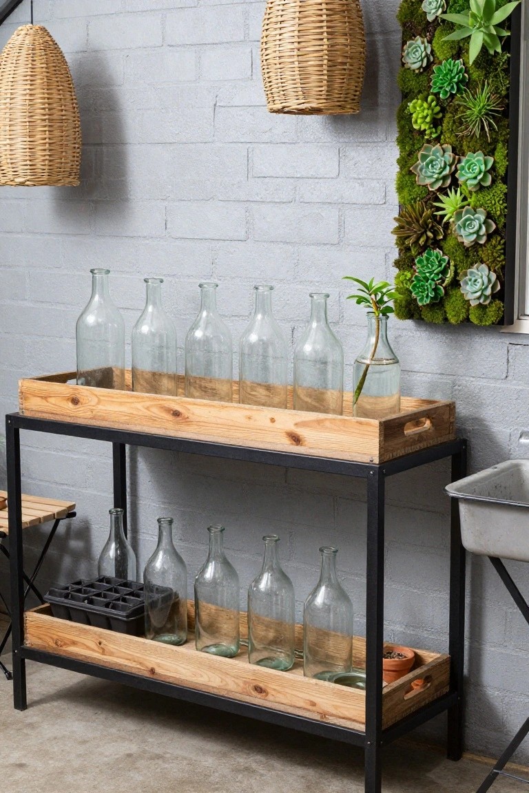 Black metal and wood shelf unit with tiered trays holding clear glass bottles, vases with plant cuttings, seed trays, and a small metal sink, set against a white brick wall with hanging rattan lamps and a vertical green succulent wall garden.