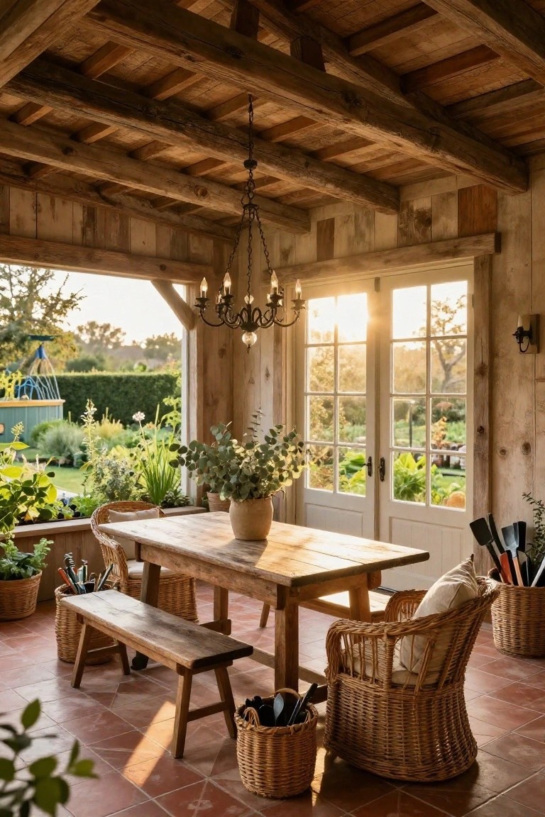 Sunroom interior with exposed wooden beams on ceiling and wood-paneled walls, wooden rectangular table with benches, wicker armchair, potted plants and tools, large glass doors opening to garden with fountain and raised beds.