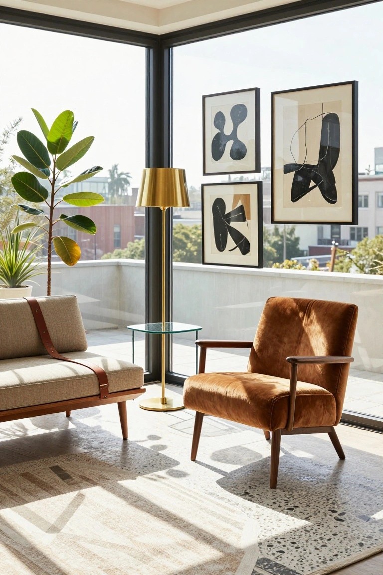 Sunlit modern interior corner with beige sofa on wood legs, burnt orange velvet armchair, gold floor lamp, glass side table, large potted plant, three abstract black and white line drawings on the wall, neutral rug on terrazzo floor, and large corner windows showing balcony and urban view.