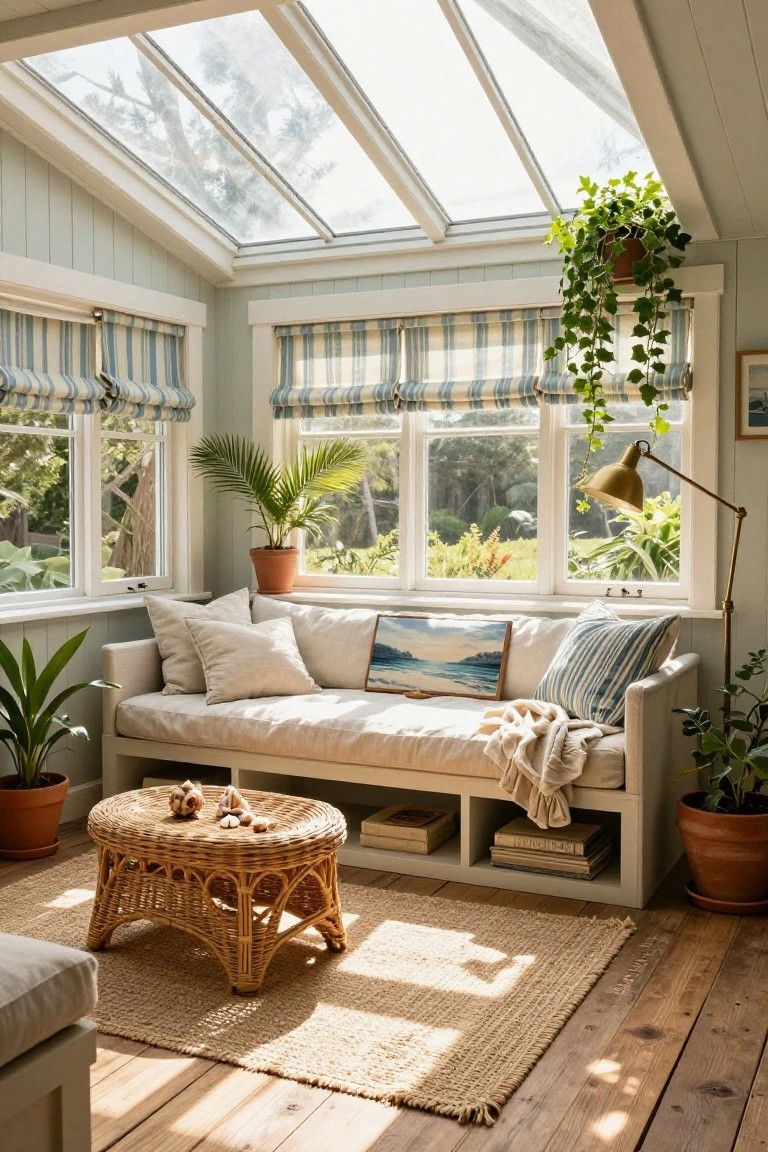 Light-filled sunroom with pale blue walls, skylights, large windows showing greenery outside, cushioned bench seat with pillows and throw, rattan table, potted plants, striped curtains, and brass floor lamp.