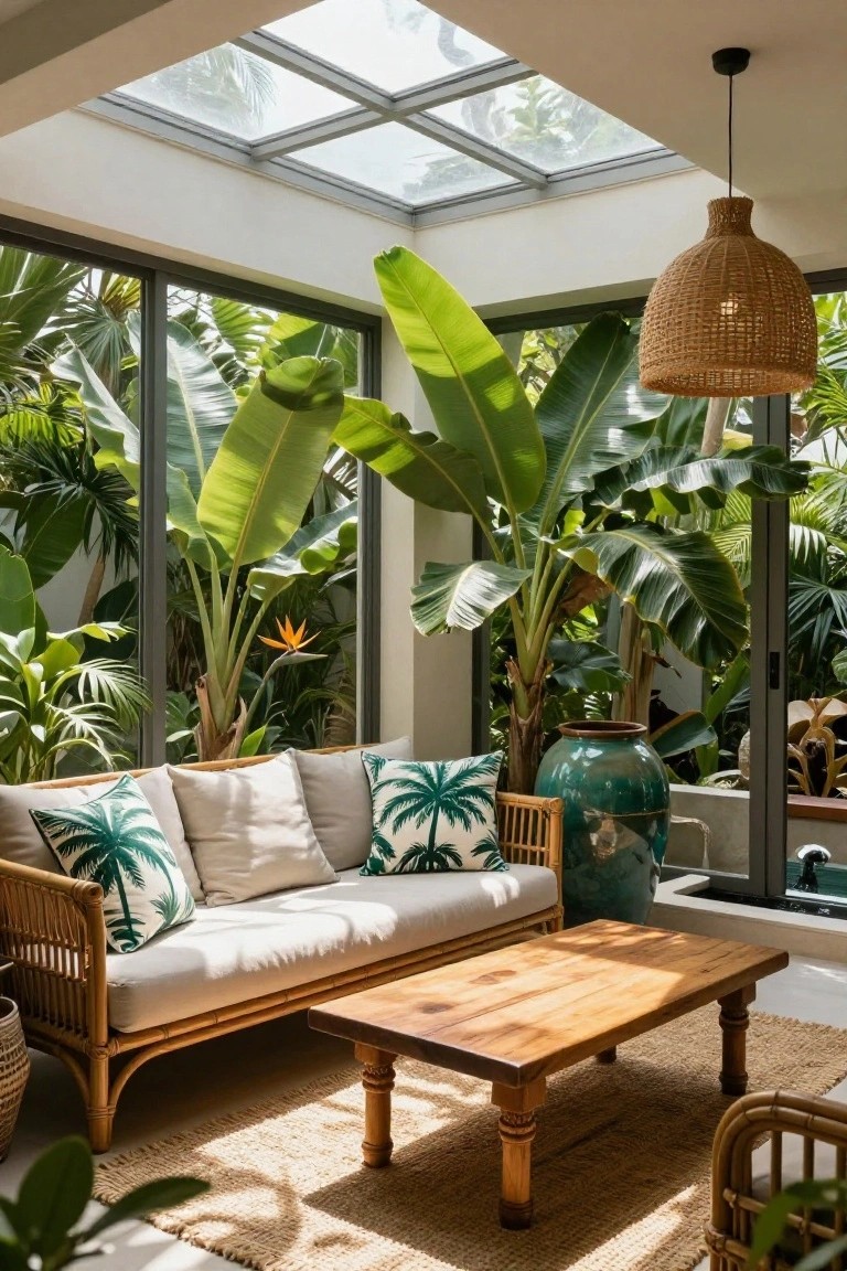Sunroom with white rattan sofa accented by green palm cushions, wooden coffee table on seagrass rug, large tropical plants including banana trees visible through glass walls and skylight ceiling, woven pendant lamp hanging above.