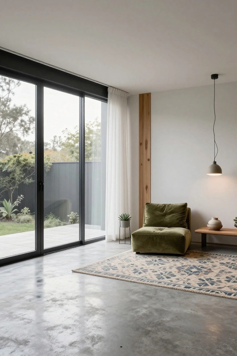 Modern sunroom interior with polished concrete floor, green velvet armchair, wooden side table, pendant light, sheer curtains on large black-framed sliding glass doors to garden, and patterned rug.