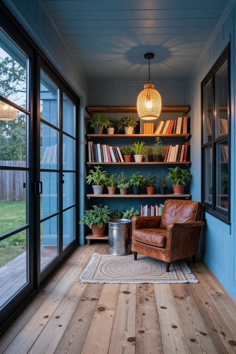 Narrow blue-walled sunroom with wooden built-in shelves filled with books and potted plants, tan leather armchair on wooden floor, rattan pendant light, and large black-framed doors and windows overlooking a green yard.