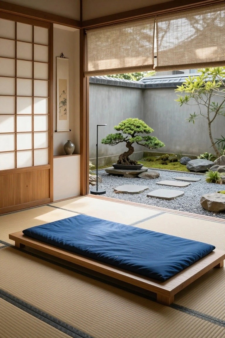 A serene Japanese room with tatami mats, a blue futon, and a bonsai tree outside.