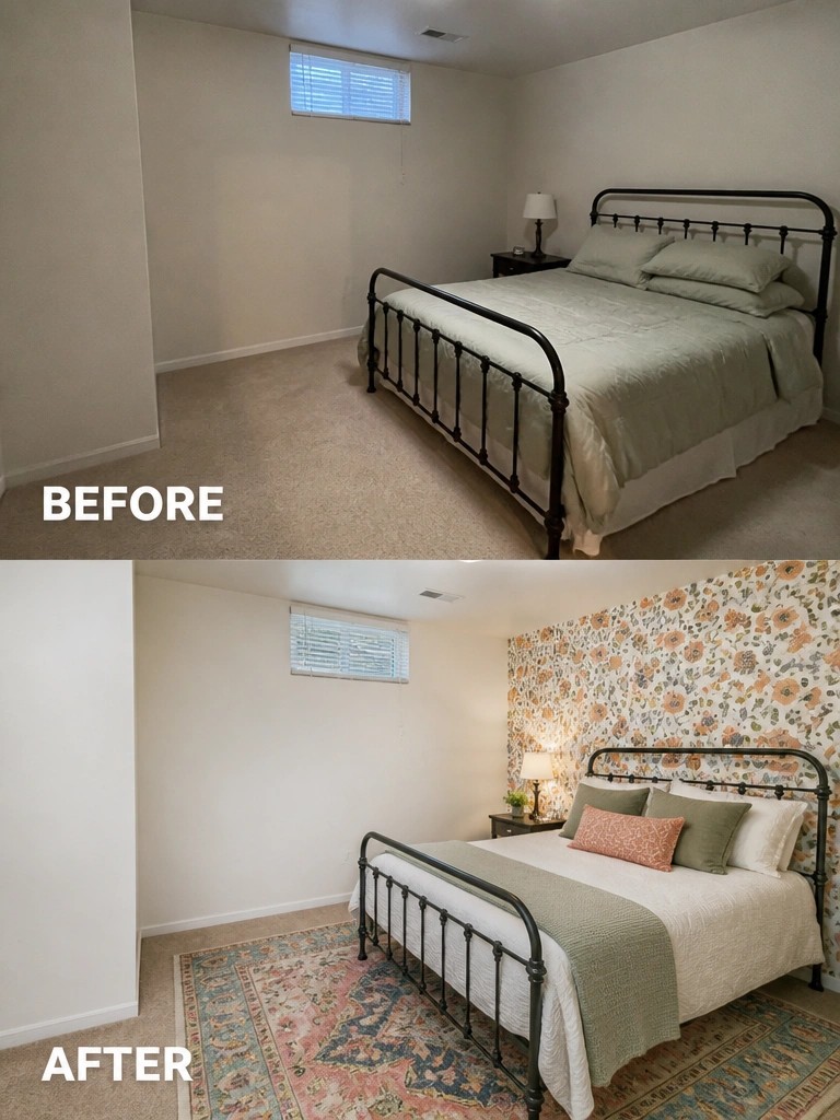 Before and after bedroom with added floral wallpaper, rugs, and pillows.