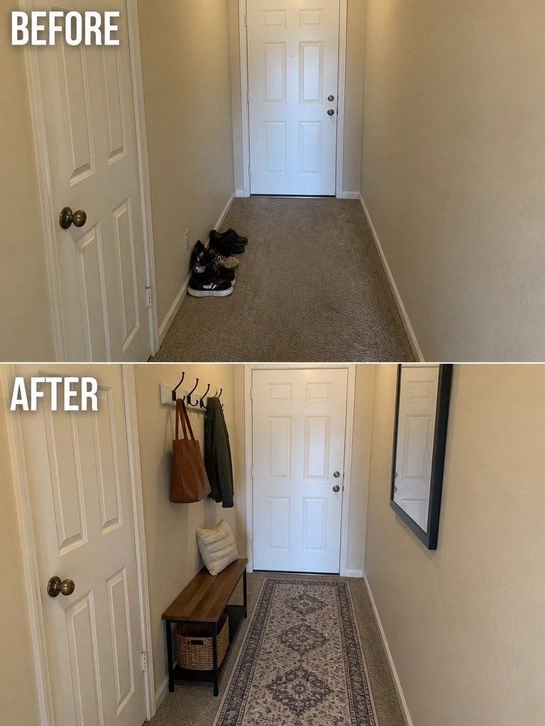 Before-and-after image of a plain hallway updated with wall hooks, a bench, a runner rug, and a mirror.