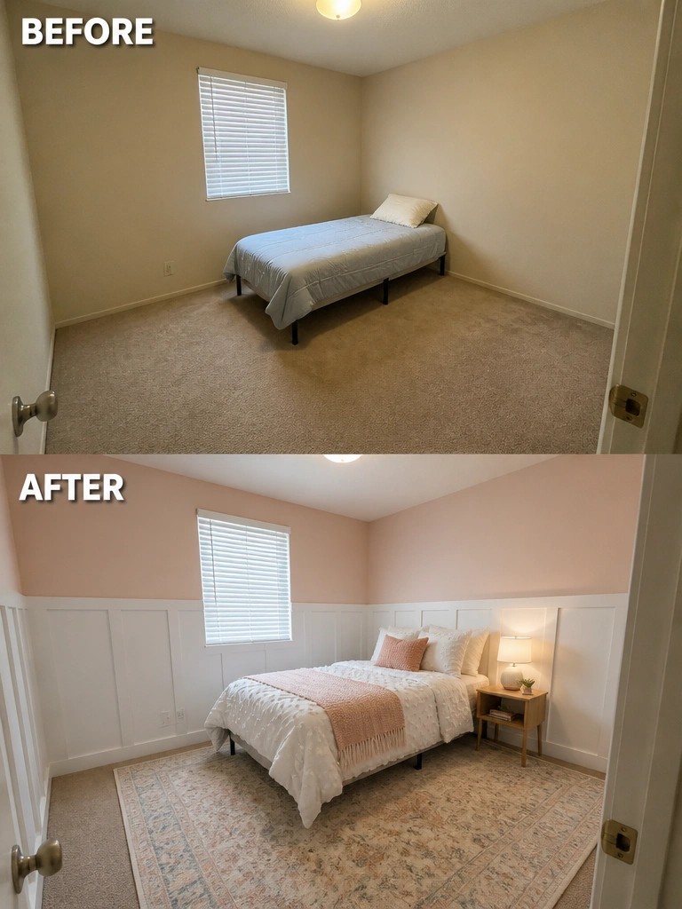 Before-and-after image of a plain bedroom transformed with painted walls, wainscoting, a large area rug, and layered bedding.
