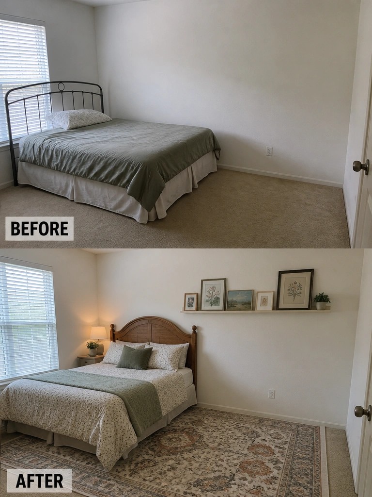 Before-and-after image of a plain bedroom updated with a large area rug, wooden bed frame, layered bedding, bedside lamp, and a wall shelf with framed art.