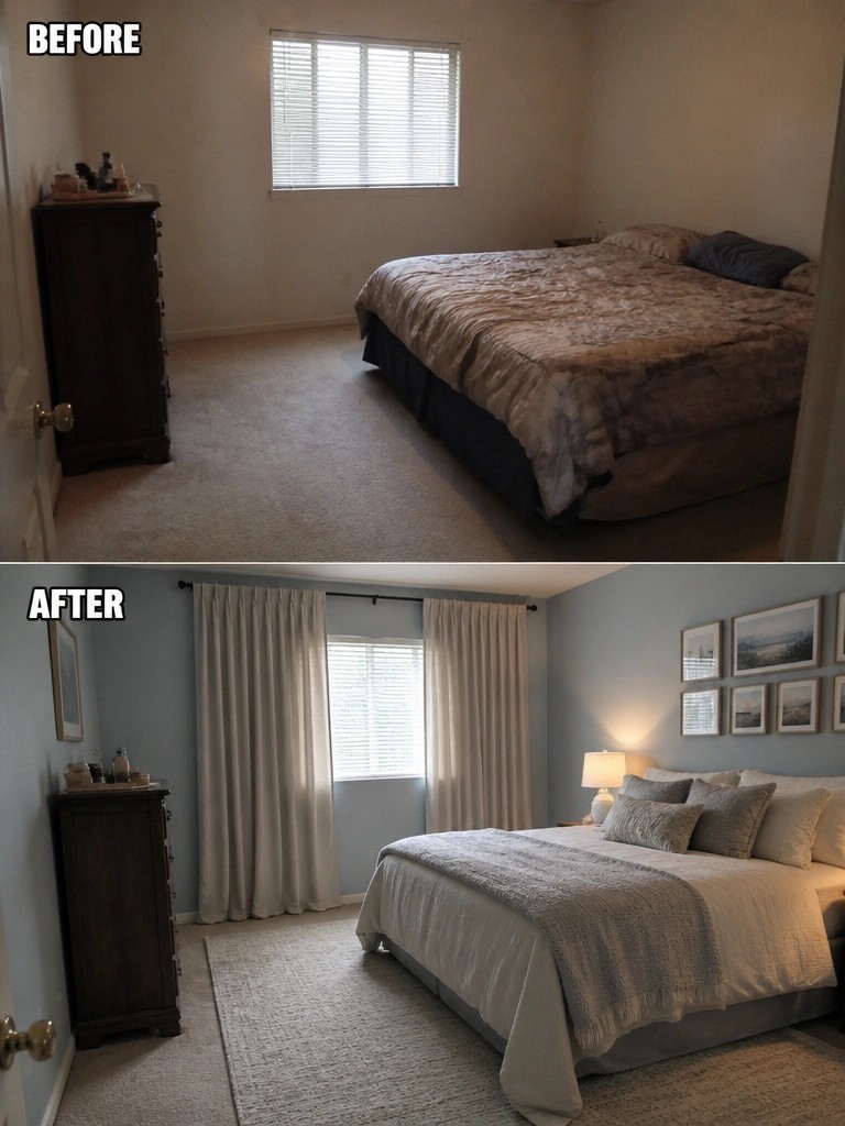Before and after bedroom with new blue walls, curtains, bedding, and wall art.