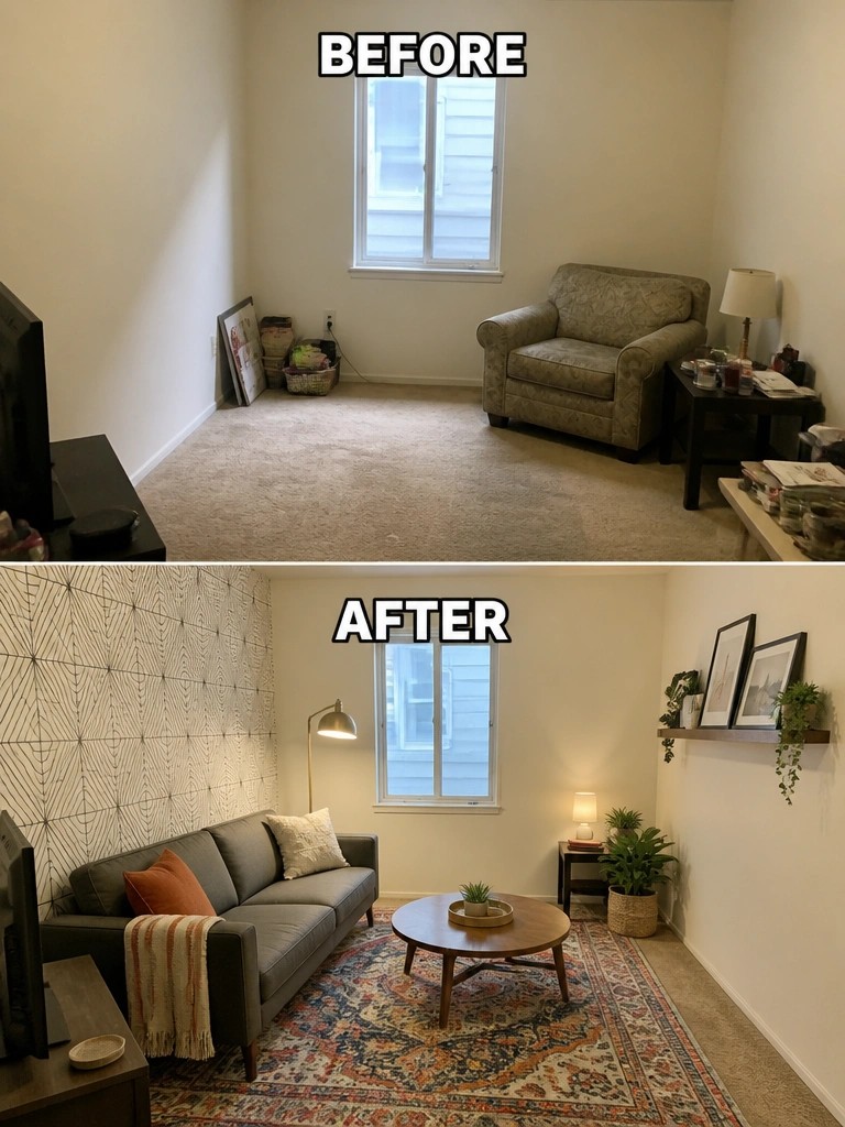 Before and after living room renovation with sofa, rug, wallpaper and modern furniture