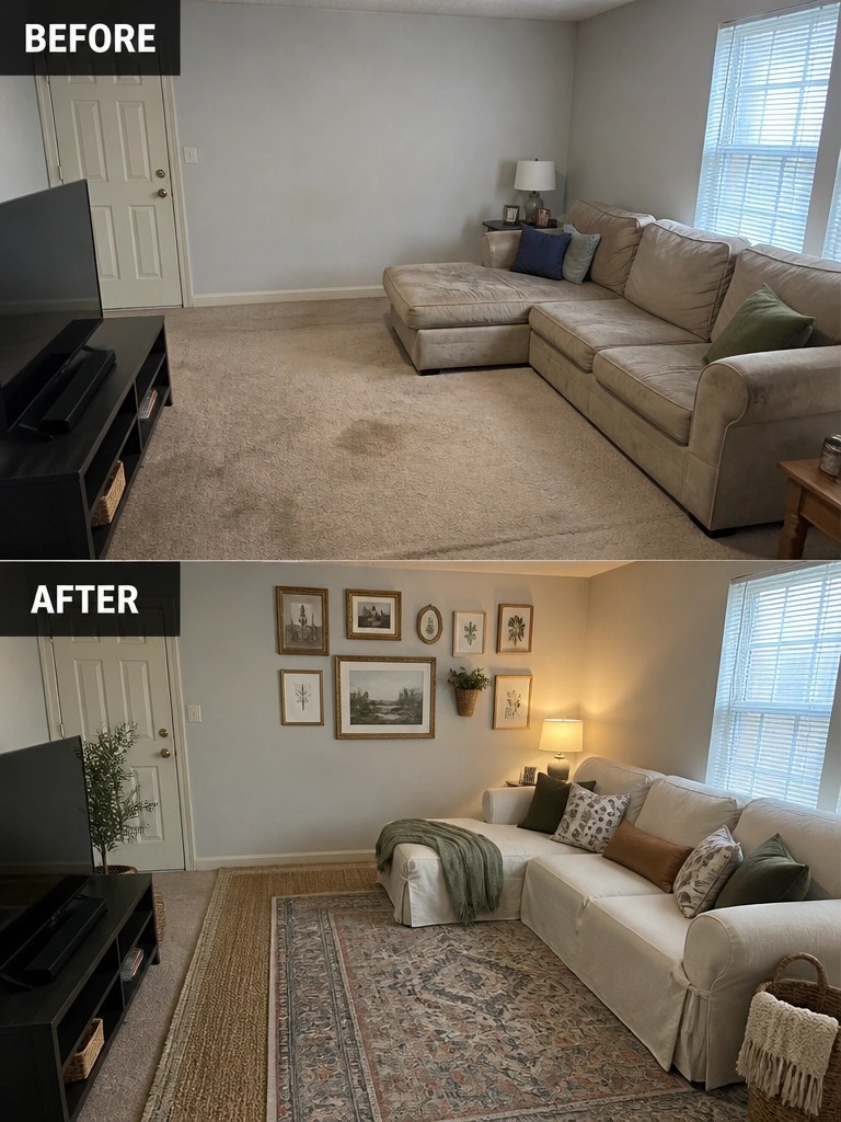 Before-and-after image of a living room with old carpet updated by adding a large area rug, gallery wall with framed art, lamps, and decorative pillows.