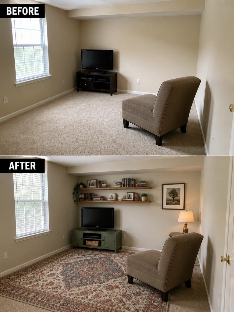 Before and after living room with new green TV stand, shelves, rug, and decor.