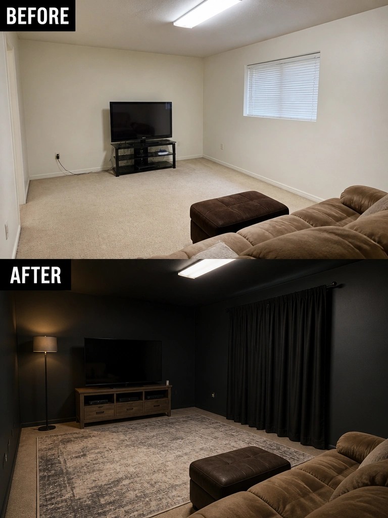 Before and after living room with light walls vs dark paint and decor.