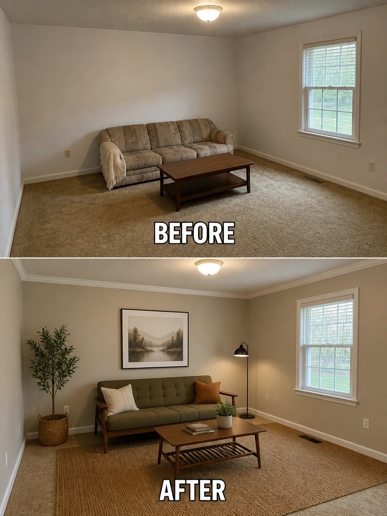 Before and after living room with new green sofa, rug, and decor.