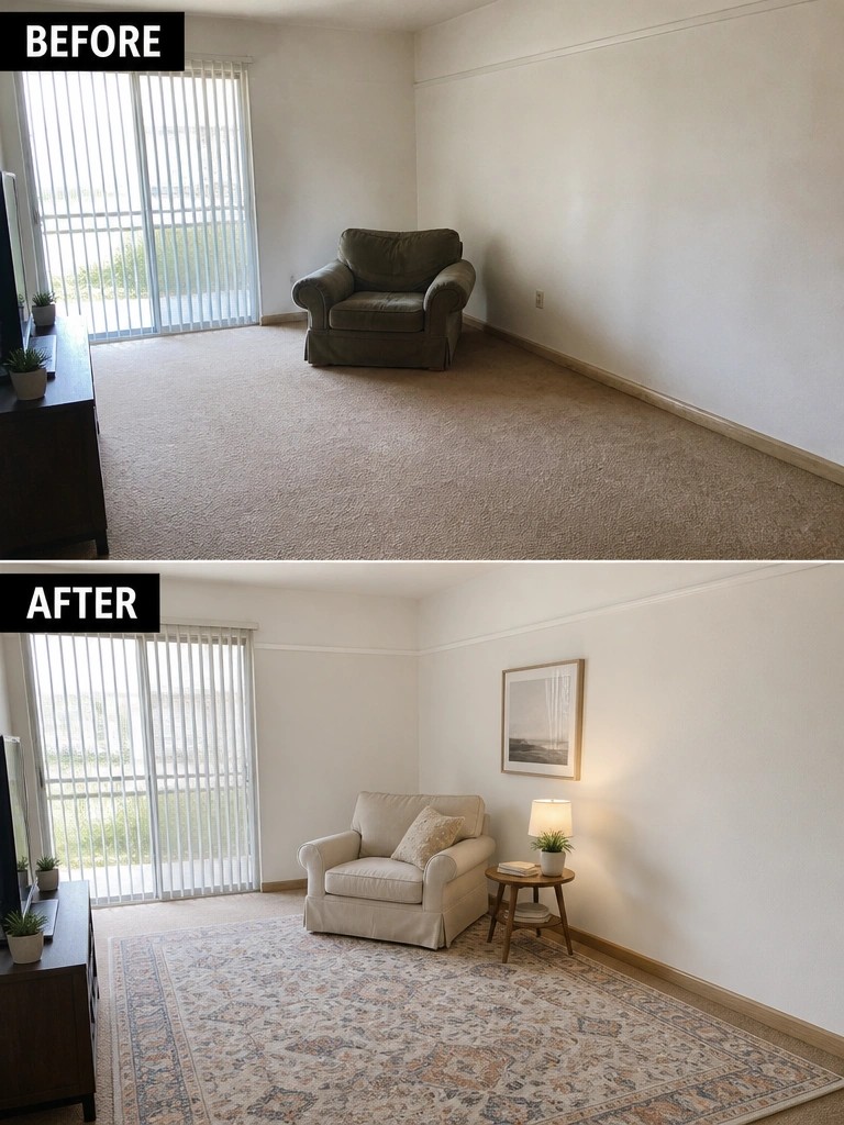 Before and after room makeover with new armchair, rug, and decor.