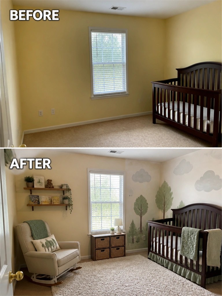 Before and after of yellow nursery with crib, rocking chair, and tree decals