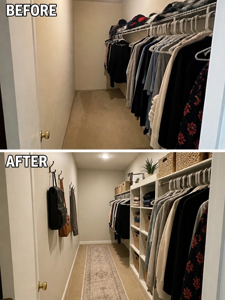 Before messy closet with hanging clothes after organized white shelves baskets and hooks
